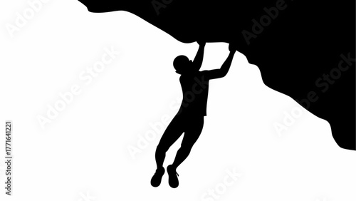 Silhouette of determined climber scaling steep rock face reaching for summit success