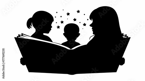 Family enjoys magical storytime with children captivated by imagination and wonder