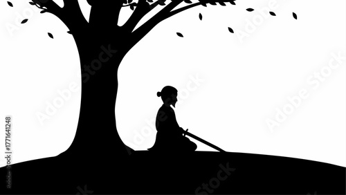 Warrior meditating peacefully under ancient tree with sword, representing strength and calm