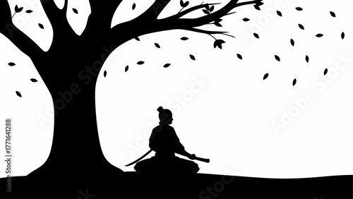 Serene samurai meditating under ancient tree with falling leaves, capturing tranquility and strength