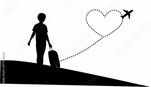 Young traveler with suitcase embarking on a heart-shaped airplane journey of love and adventure