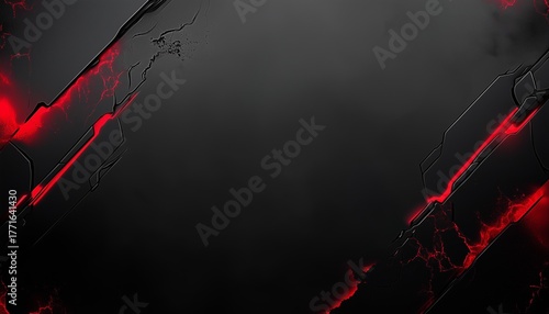 Dark Abstract Metallic Background with Glowing Red Lava Cracks and Cinematic Edges