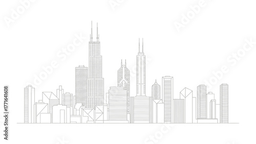 Chicago Skyline in Silhouette: A minimalist monochrome depiction of the iconic skyline, showcasing the impressive architectural forms of skyscrapers and buildings. 