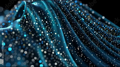 A blue fabric with a lot of sparkles on it. The sparkles are scattered all over the fabric, creating a sense of movement and energy. The blue color of the fabric gives a feeling of calmness
