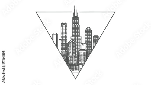 Cityscape Skyline in Geometric Frame: An abstract monochrome skyline of a city, elegantly framed within a sleek, minimalist geometric shape, embodying the essence of urban architecture and design.