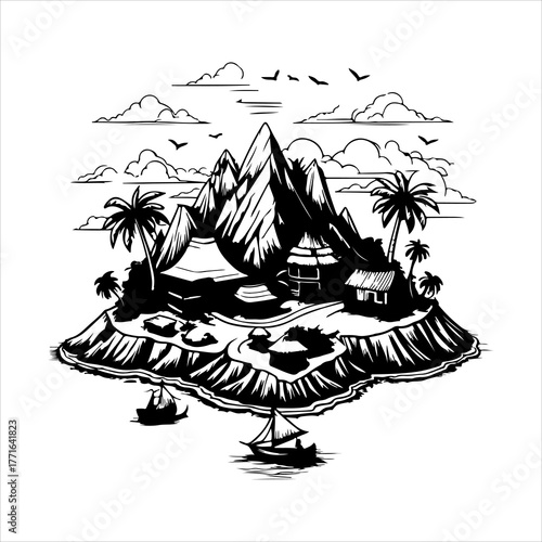 A Vibrant Tropical Island Illustration Vector Graphic, Showcasing Paradise Beach Travel and Summer Vacation in a Flat Design Minimalist Style for Digital Holiday Graphics.