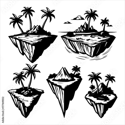 Clean Flat Design Island Illustration Vector Icon, An Isolated Exotic Landscape Representing Tropical Vacation and Beach Paradise in a Minimalist Digital Travel Style.