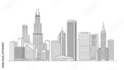 Chicago Skyline Silhouette: A clean, monochrome depiction of the iconic Chicago skyline, showcasing architectural marvels. A perfect illustration for urban and architectural projects.