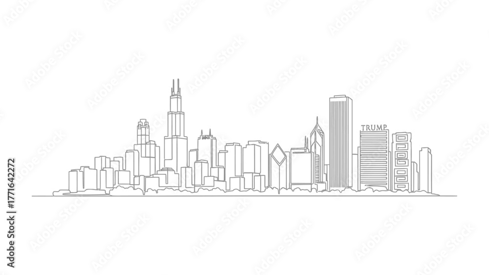 Fototapeta premium Chicago Skyline Silhouette: An abstract line drawing captures the essence of the Chicago skyline, featuring its iconic skyscrapers and urban landscape.