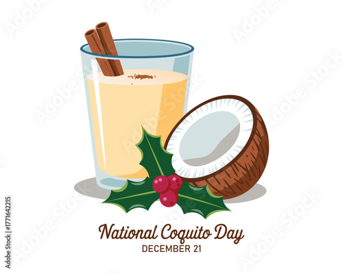 National Coquito Day vector. Puerto Rican eggnog with cinnamon and coconut milk icon vector. Traditional christmas holiday drink coquito drawing. December 21.