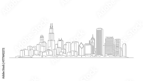 Chicago Skyline Silhouette: An abstract line drawing captures the essence of the Chicago skyline, featuring its iconic skyscrapers and urban landscape.