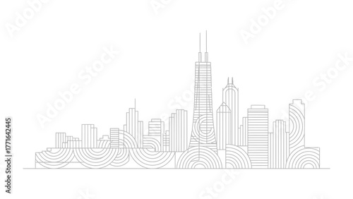 Urban Silhouette: A minimalist illustration captures the essence of a dynamic cityscape, its skyline defined by sleek, modern architecture and towering skyscrapers. 