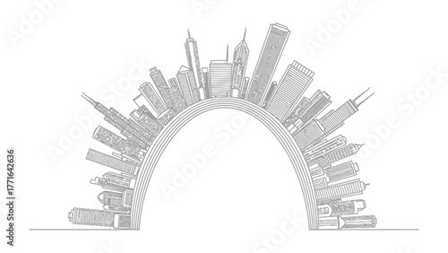 Cityscape Arch: A minimalist line drawing captures a stylized cityscape cradled within a graceful arch, symbolizing unity and the built environment.