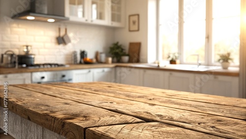 Cozy kitchen interior with a rustic wooden table and natural light.