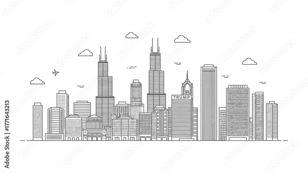 Fototapeta premium Chicago Skyline Monochrome: A stylized monochrome illustration depicts the iconic skyline of the vibrant city, showcasing its unique architecture and urban charm.