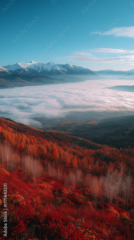 Fototapeta premium Autumn mountains, red leaves, and a sea of clouds at sunrise