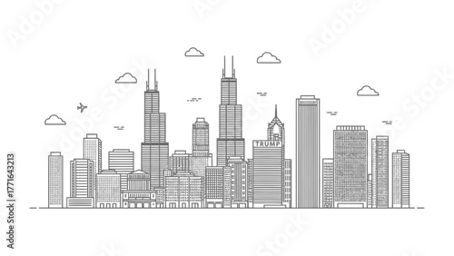 Chicago Skyline Monochrome: A stylized monochrome illustration depicts the iconic skyline of the vibrant city, showcasing its unique architecture and urban charm.