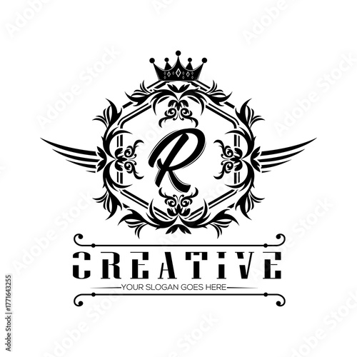 Ornate Creative luxury r logo design template. Vintage monogram r branding crown wings decorative floral frame in white, dark blue, black and gold. Vector illustration, Premium identity.