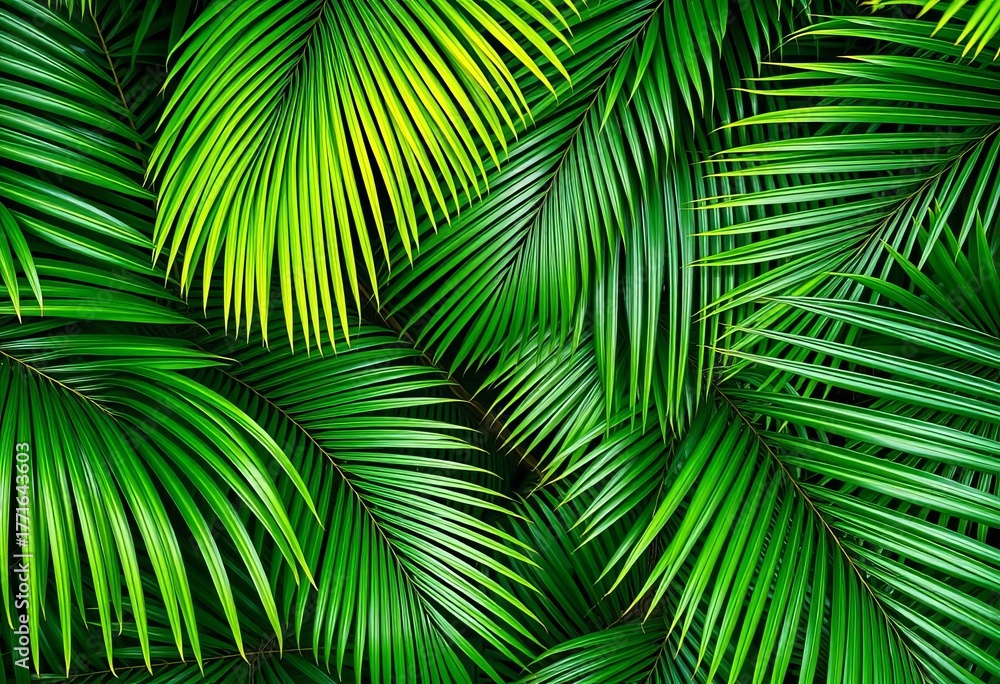 Fototapeta premium Tropical palm leaves arranged in a natural frame, lush green foliage, palm leaves, plant frame