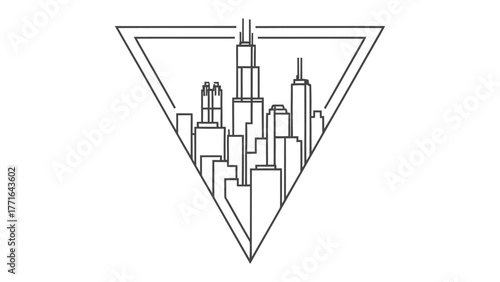 Abstract City Skyline in Geometric Frame: A minimalist illustration of a city skyline, elegantly framed within a sleek, modern geometric shape. A symbol of urban sophistication and innovative design.