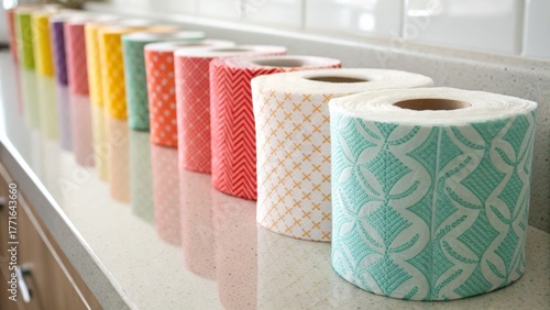 Colorful rolls of decorative paper towels lined up on a countertop.