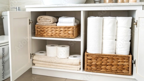 Organized bathroom storage with towels and roll paper in baskets.