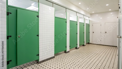 Clean restroom with green stalls and tiled flooring.