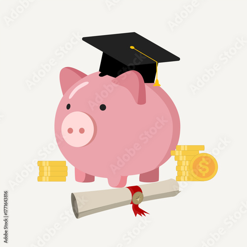 People plan a budget for education. Man and woman save money in piggy bank. Saving Money concept. Flat vector illustration.