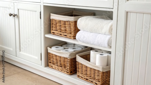 Organized bathroom storage with towels and baskets.