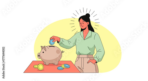 A thoughtful woman demonstrates smart financial habits, carefully depositing her earnings into a traditional piggy bank for future prosperity.