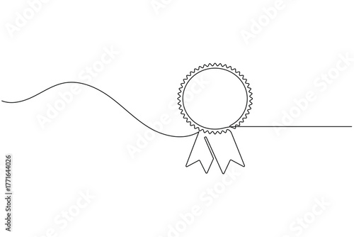 Award medal with ribbon continuous one line drawing minimalist winning award badge vector illustration