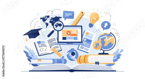 This vibrant vector illustration depicts a dynamic concept of global digital education and knowledge acquisition, showcasing various learning tools and academic elements.