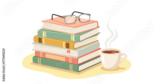 A cozy stack of colorful books with classic reading glasses and a warm cup of coffee, perfect for a relaxing study session or quiet literary escape.