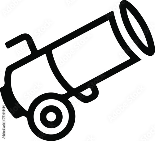 Confetti cannon line icon for celebration, Black and white outline icon of a confetti cannon on wheels, symbolizing party, celebration, fun, and festive event decoration.

