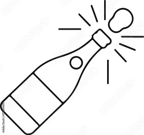 Champagne bottle popping line icon celebration, Black and white outline icon of a champagne bottle popping open with cork and bubbles, symbolizing celebration, party, and festivity.

