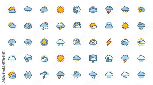 Diverse collection of colorful weather forecast icons