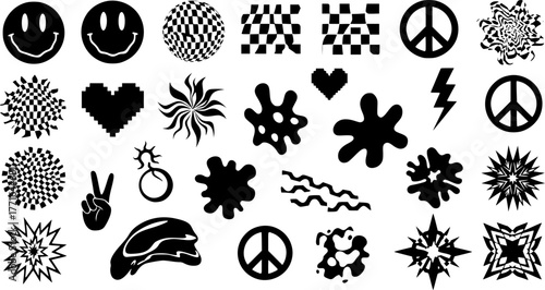 Y2K symbols. Retro star icons, trendy acid rave and graphic elements for posters and streetwear fashion design vector set