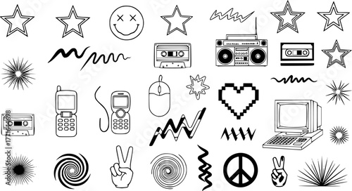 Y2K symbols. Retro star icons, trendy acid rave and graphic elements for posters and streetwear fashion design vector set