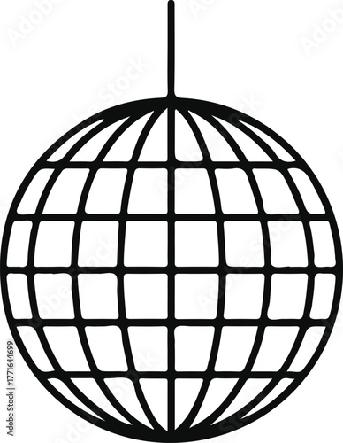 Line art disco ball icon for party themes, Black outline illustration of a hanging disco ball with grid pattern, perfect for dance, nightlife, party graphics, and festive design elements.

