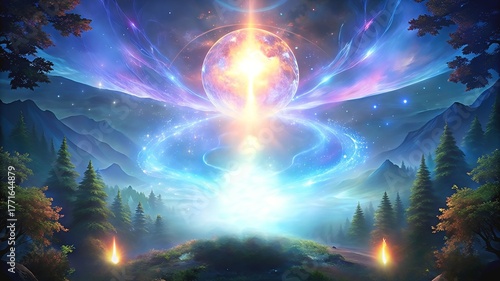 Mystical Forest Portal: Vibrant Cosmic Energy Over Moonlit Peaks and Radiant Light Ring