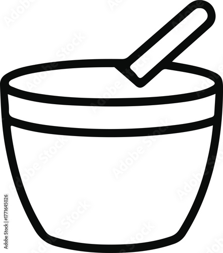 Mixing bowl outline icon, Black outline icon of a mixing bowl with a spoon inside. Represents cooking, baking, preparing food, or kitchen utensils.

