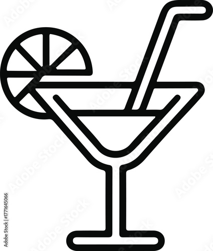 Cocktail glass outline icon
, Black outline icon of a cocktail or martini glass with a straw and lemon slice, symbolizing drinks, parties, relaxation, or summer celebrations.
