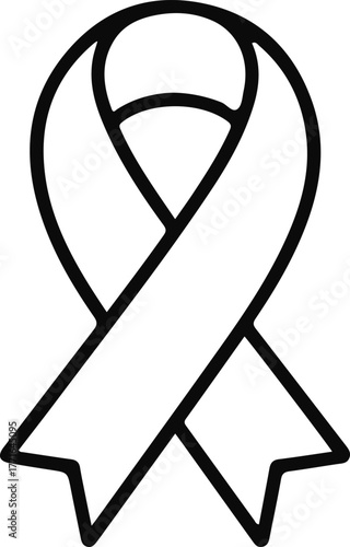 Awareness ribbon outline icon, Black outline of an awareness ribbon symbol, often used to represent support, remembrance, or advocacy for various causes. Simple and minimalist line design.

