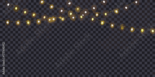 Festive string lights with warm yellow and white bulbs creating a magical atmosphere on a dark checkered background
