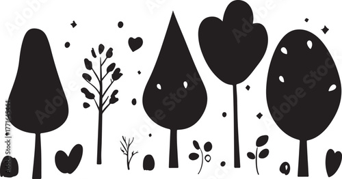 Black and white drops with a vector floral pattern of a butterfly and leaf silhouette on a black background for a spring nature illustration