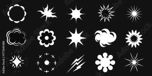 Collection of white abstract shapes and comic book style explosions on black background