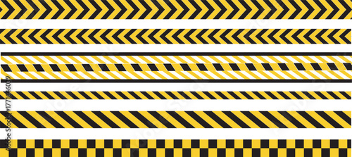 Caution tape warning vector illustration with yellow and black hazard stripes. Ideal for safety signage, construction zones, restricted areas