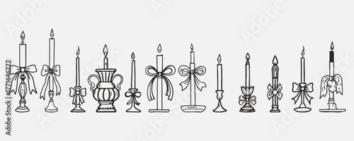 Retro Сandles Set Hand Drawn Sketch Vector Illustration. Vintage Candle for Trendy Creative Design. Candlestick Charcoal Sketch Line Illustration. Vintage Lamp Minimalist Vector Drawing.