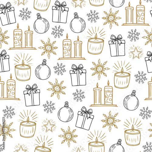 Vintage Christmas Seamless Pattern in Sketch Line Drawing Art Style. Cute Xmas Print Design for Winter Holiday, New Year, Greeting Cards, Party Invitations Design, Fabric, Textile, Gift Paper. Vector