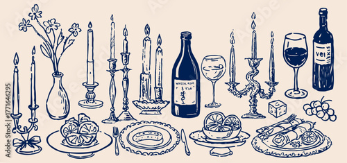 Table Set with Plates, Cutlery, Bottles of Wine, Cups, and Food in Vintage Hand Draw Sketch style. Food and Wine, Candles in Doodle Charcoal Style for a Christmas, Birthday, Party, Holiday Design. 